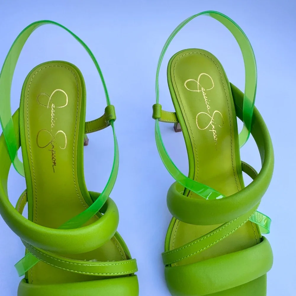 Jessica Simpson Krissta Green Transparent Asymmetrical Stiletto Slip On Size 8.5